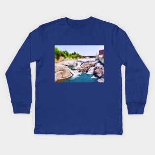 Spokane River Falls Watercolor Kids Long Sleeve T-Shirt